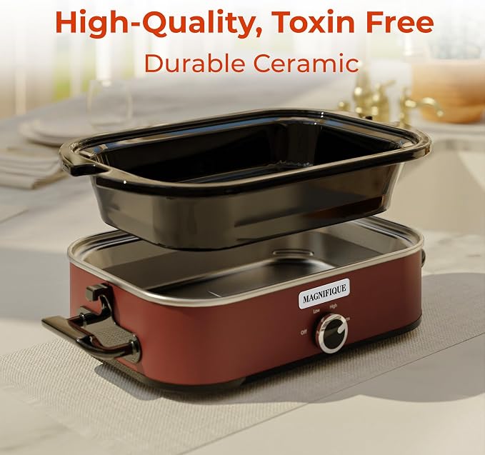 [NEW] MAGNIFIQUE 4-Quart Slow Cooker with Casserole Manual Warm Setting - Perfect Kitchen Small Appliance for Family Dinners, Dishwasher Safe Crock, Red