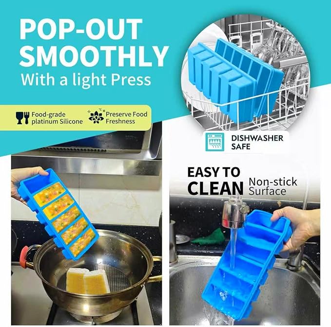 1/2 Cup Silicone Freezer Tray With Lid - Silicone Freezer Molds 4 Pack For meal prep & freezing of various sauces and other dishes, makes 24 perfect 1/2 cup portions cubes (Blue 4 Pack)