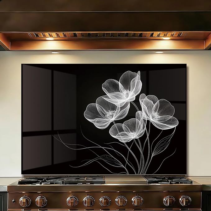 LMSDYSHU Tempered Glass Backsplash for Kitchen, Black line stripes, Frameless, Stove Backsplash Protector for Wall,Easy to Clean, Home Decor (30"x20")