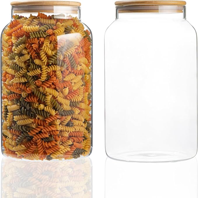 Large 1 Gallon Glass Large Jar with Airtight Bamboo Lid - High Borosilicate Canister for Kitchen Food Storage Organizing, Terrarium, Pantry Decorative Container & Laundry Room - Pack of 2