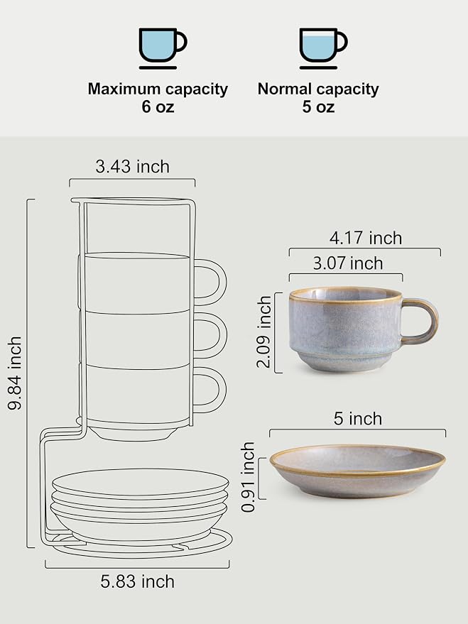 Gomakren 6 Ounce Cappuccino Cups with Saucers and Metal Stand, Stackable Coffee Cup Set of 4, Father's Day Porcelain Espresso Cups for Coffee Drinks, Cappuccino, Latte, Americano, Tea, Gray