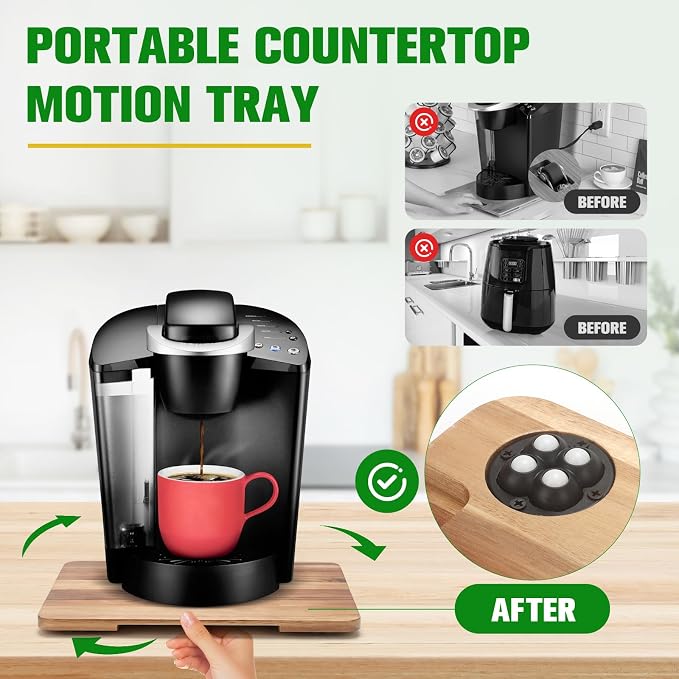 Appliance Slider 360° Rolling Tray for Coffee Maker Bamboo Coffee Pot Slider Tray Countertop Rotation Sliding Tray with Wheels, Small Appliances Mat Easily from Under the Cabinet, Acacia(13.9"×11.6")