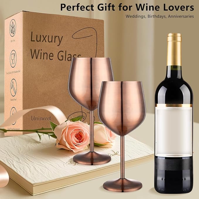 UNISWEET Stainless Steel Wine Glasses Set of 4 Unbreakable Wine Glass 18 oz Unique Metal Wine Goblets for Outdoor, Travel, Camping, Pool, Ideal Gift for Wine Lovers (Red Copper)