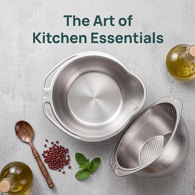 2 Pack Rice Washer Strainer Bowl, Stainless Steel Colander with Side Drainers for Quinoa, Fruit Kitchen Washing Bowl for Cleaning Vegetables, Beans, Pasta