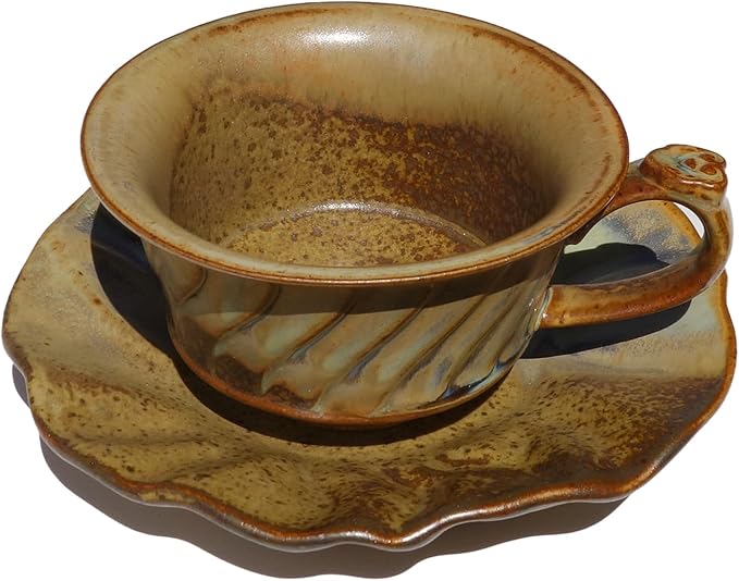 Vintage Ceramic Coffee Cup with Saucer, Farmhouse Stoneware Espresso Cup, Rustic Teacup, Microwave & Dishwasher Safe,Unique Gifts Men and Women (Brown, 5oz)