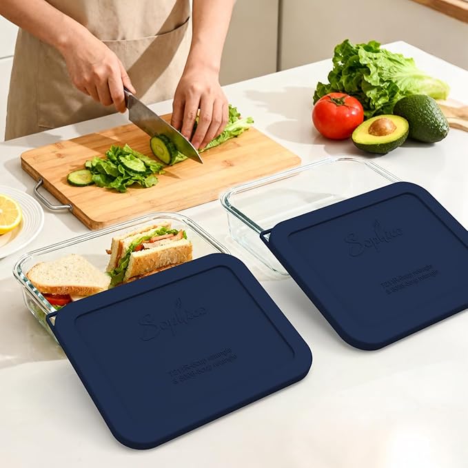 Sophico 3-Pack Silicone Lids for Pyrex Freshlock & SNAPWARE 6/8-Cup Glass Bowls (7211R/8608) - Airtight, Leakproof, Freezer/Dishwasher/Microwave Safe Replacement Rectangle Covers