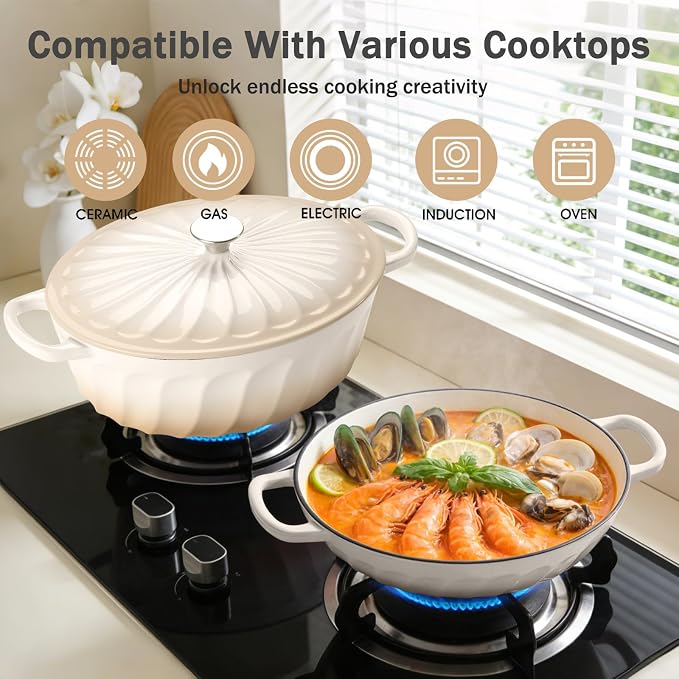 Enameled Cast Iron Dutch Oven, 3.8 Quart Dutch Oven Pot with Lid, Shallow Cast Iron Braiser with Handles, Oven Safe up to 500°F (Caramel White)