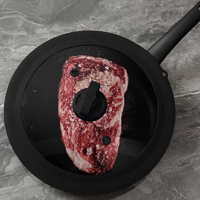 Vented Tempered Glass Universal Lid for Pot Pan Skillet with Heat Resistant Silicone Rim Microwave Splatter Lid Cover Microwave Safe Fit 11.5" 12" 12.5" Cookware, Dishwasher Safe Black