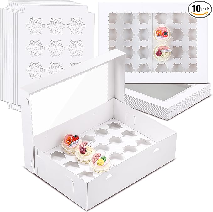 AmazingSpark 10 Pack 24 Count Cupcake Boxes, Mini Cupcake Containers, 14.9 x 11 x 4 Inch White Disposable Bakery Boxes with Window and Inserts for Birthday Holiday Party Bakery Desserts