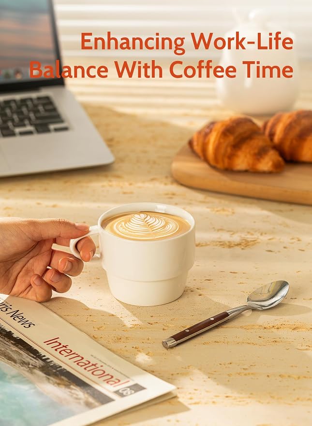 Sweese Porcelain Espresso Cups Set of 6, White Ceramic Espresso Coffee Cups with Handle, 6oz Durable Espresso Coffee Mugs for Home & Cafe