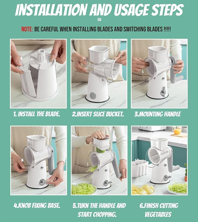5 In 1 Rotary Cheese Grater Vegetable Slicer for Kitchen, Carrot Shredder Tool-Food Shredders with 5 Sets Interchangeable Blades And Strong Suction Base (White)