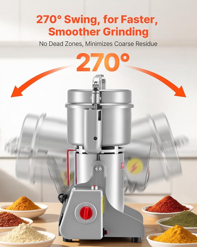 VEVOR 500g Electric Grain Mill Grinder, High Speed 2000W Commercial Spice Grinders, Stainless Steel Pulverizer Powder Machine, for Dry Grains Spices Cereals Coffee Corn Pepper, Swing Type