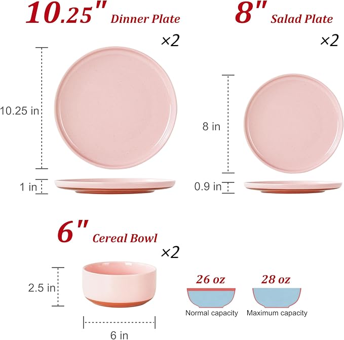 6 Piece Ceramic Plates and Bowls Sets for 2, Elegant Pink | Stoneware Dinnerware Set, Dishwasher & Microwave Safe, Handcrafted, Perfect for Family and Gatherings