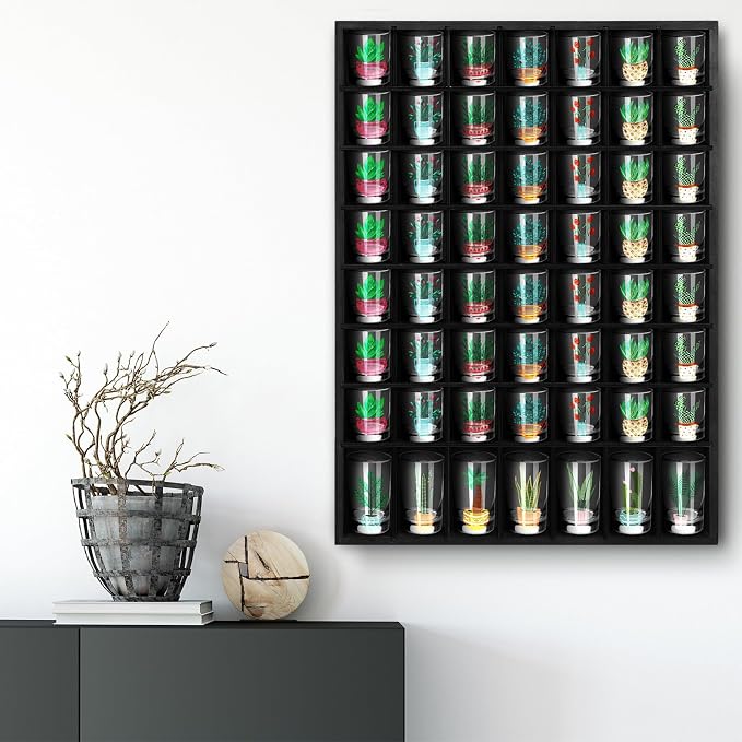 Barydat Shot Glass Display Case Wood Shot Glass shelf holder 56 Compartments Wall-mounted Rustic Bar Cabinet(Black,1 Pcs)