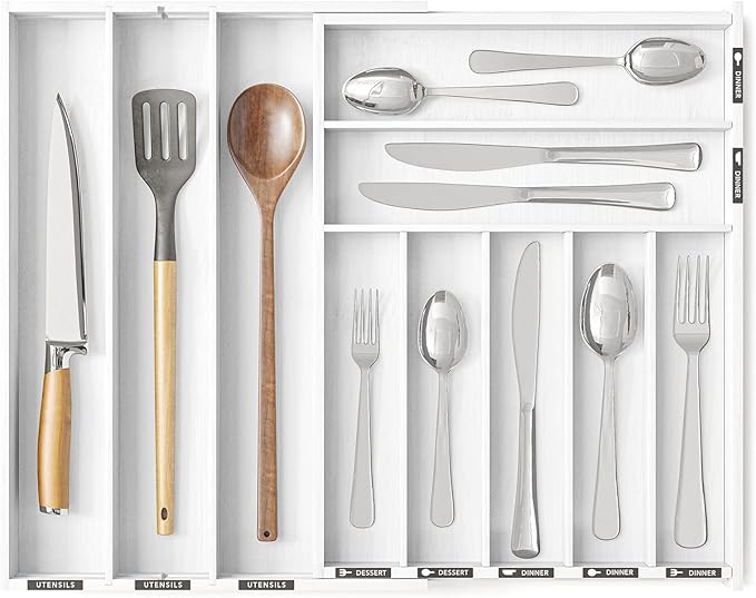SpaceAid Bamboo Silverware Drawer Organizer with Labels, Kitchen Utensil Expandable Tray Holder Organizer for Flatware, Cutlery, Spoon and Knives Drawer Storage Organization (White, 10 Slots)