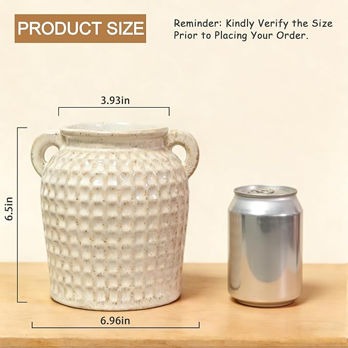 Rustic Kitchen Utensil Holder with Handle, 6.5" Ceramic Farmhouse Stable Utensil Crock for Countertop, Vintage Cooking Tool Organizer & Spatula Holder For Kitchen Decor (White)