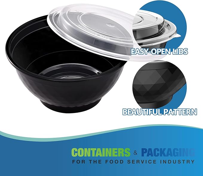 Meal Prep Bowls Containers, 150 Sets 50oz Reusable Plastic Bowls with Lids for Noodles Soup Salad, Round To Go Food Storage Container, BPA Free, Microwave/Dishwasher/Freezer Safe, Black