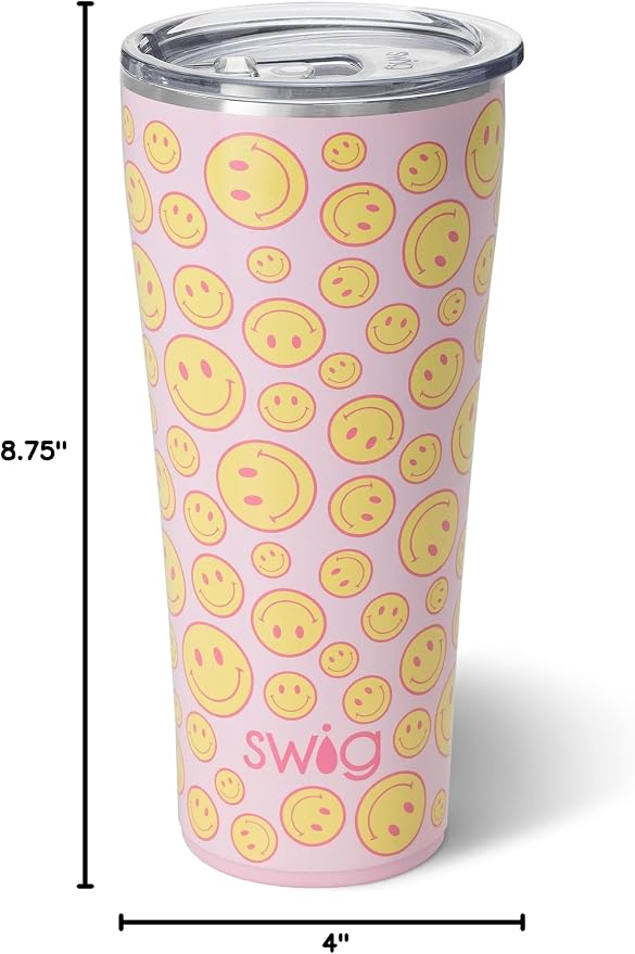 Swig Life 32oz Insulated Tumbler, Travel Coffee Tumbler with Lid, Cup Holder Friendly Travel Coffee Mug, Stainless Steel with Lid (Oh Happy Day)