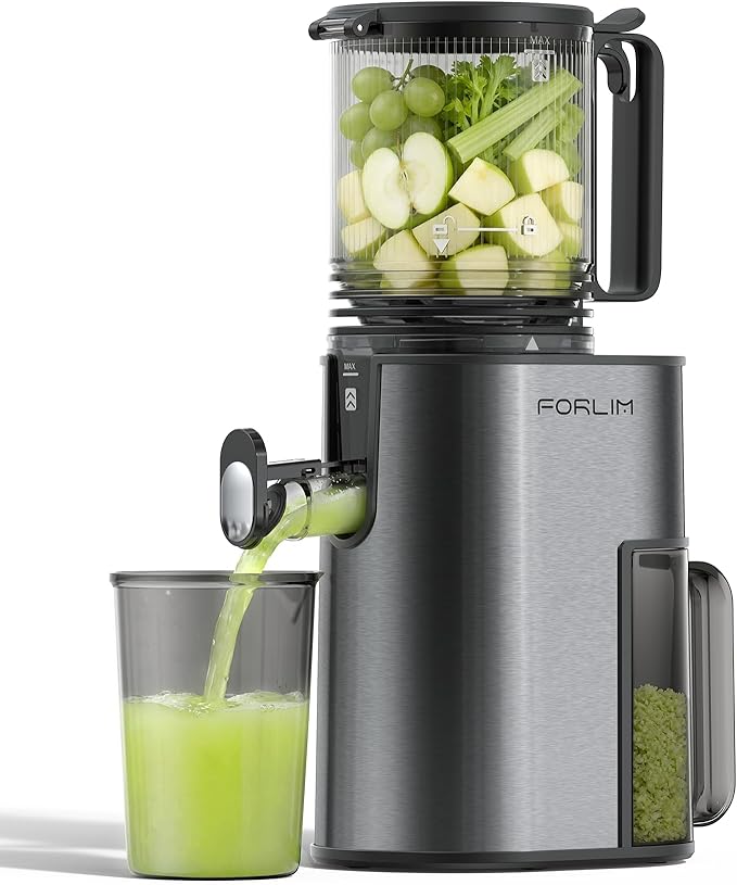 FORLIM Whole Fruit Juicer Machine, Powerful 250W Slow Masticating Motor, 136mm Large Chute for Veggies, Simple Clean Removable Parts, Ideal for Daily Wellness Shots, Stainless Steel
