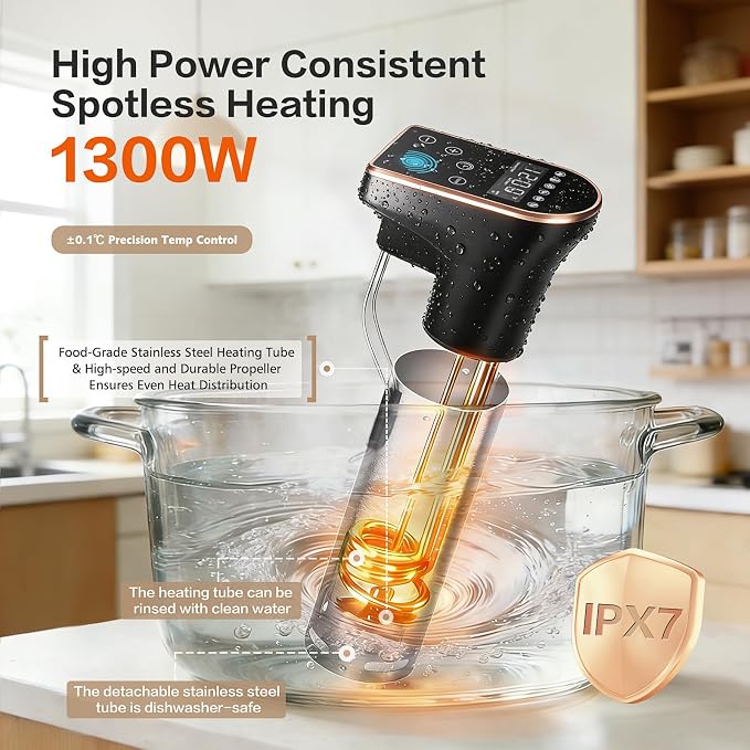 1300W Sous Vide Cooker | Quiet Immersion Circulator with Brushless Motor, IPX7 Fully Waterproof, 6 One-Touch Presets,No APP