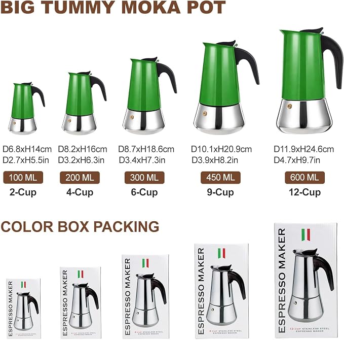 4 Cup Stovetop Espresso Maker Stainless Steel Moka Pot Stove Top Percolator Italian Coffee Makers Capable Mocha Greca Machine Cafe Classic Induction Cookers for Home and Camping 200ml 6.6oz