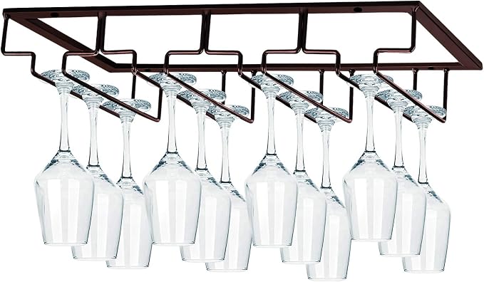 MOCOUM Wine Glasses Rack Under Cabinet Stemware Rack, Wine Glass Hanger Rack Wire Wine Glass Holder Storage Hanger for Cabinet Kitchen Bar (Brown, 4 Rows 2 Pack)