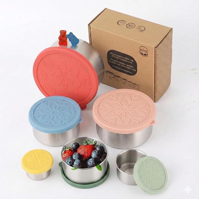 Alpine Elevation 12 Pcs - 6 Stainless Steel Containers + 6 Silicone Lids | 304 Stainless Steel Snack Container | Nesting Snack and Dip Containers | Metal Food Storage