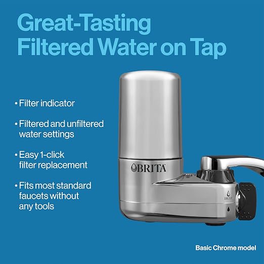 Brita Faucet Mount Water Filter System,Chrome,No-Wait Filtration,Easy Install,Multi-Use Tap Water Filter for Kitchens,Bathrooms & Small Spaces,(Pack of 4)