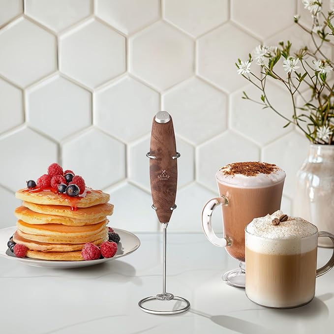 Zulay Kitchen Powerful Milk Frother Wand With 4 AA Duracell Batteries - Ultra Fast Handheld Drink Mixer - Electric Whisk Foam Maker for Coffee, Lattes, Cappuccino, Matcha & Creamer - Walnut