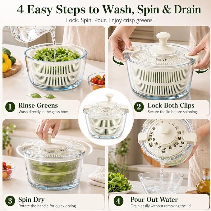 Large 5.2 Qt Glass Salad Spinner Vegetable Dryer with Drain Microwave Safe Dishwasher Safe with Transparent Lid Crank Handle Quick Spin Greens Washer for Lettuce Herbs Fruits (off-white)