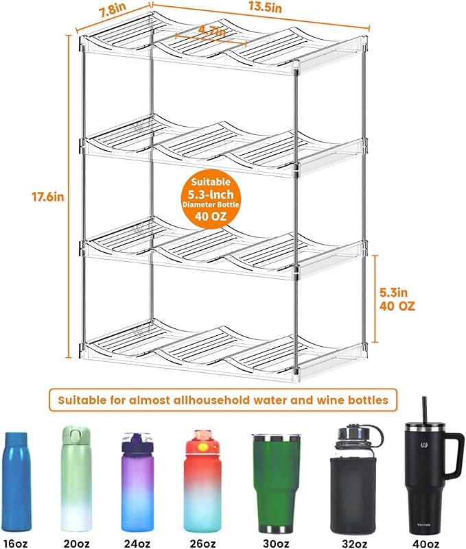 Yieach 4 Tier Stackable Water Bottle Organizer for Kitchen Cabinets,Countertop,Large Compartment Wine Rack and Water Bottle Holder for 40 oz Yeti,Stanley Cup,Waterbottle and Other Tumbler Organizer