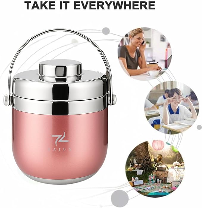 Stainless Steel Lunch Box Rose Gold for Adults, Large Capacity 51 oz (1,5L), Double compartment, Keeps food Fresh and Warm, Ideal for Work and Travel, Leak-Proof, Portable. Includes Special Bag.