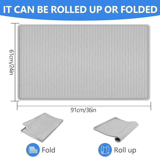 36"x24" Silicone Dish Drying Mat for Kitchen Lanstics Drying Kitchen Mat Versatile Silicone Mat for Dishes Non-Slip Drying Mat Fast Dry Kitchen Counter Drying Mat for Home Coffee Bar Accessories
