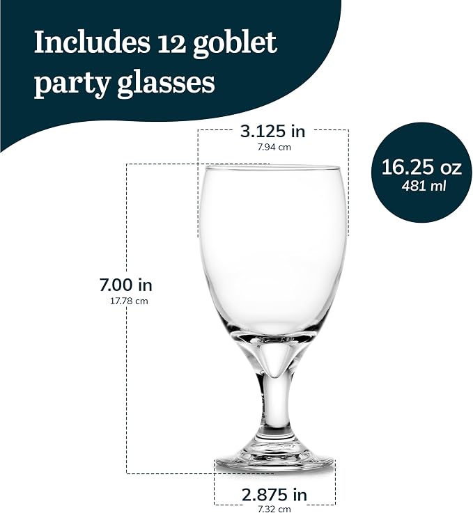 Libbey Classic Glass Goblets Set Of 12, Dishwasher Safe 16.25 Oz Drinking Goblets for Tea, Sangria and More, Ideal Stemmed Water Glasses for Parties