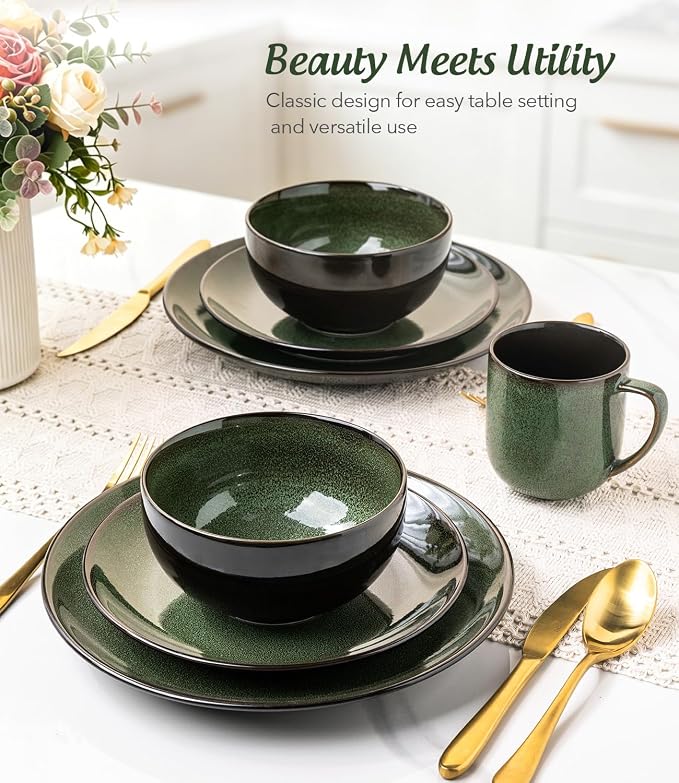 LERATIO Ceramic Dinnerware Sets for 4,16-Piece Reactive Glaze Plates and Bowls Set with Mugs,Highly Chip and Crack Resistant | Dishwasher,Microwave & Oven Safe Dishes set-Green