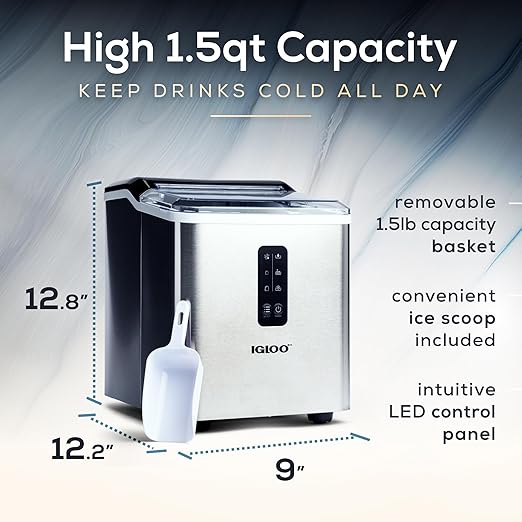 Igloo Automatic Ice Maker, Self- Cleaning, Countertop Size, 26 Pounds in 24 Hours, 9 Large or Small Ice Cubes in 7 Minutes, LED Control Panel, Scoop Included, Perfect for Water Bottles, Mixed Drinks