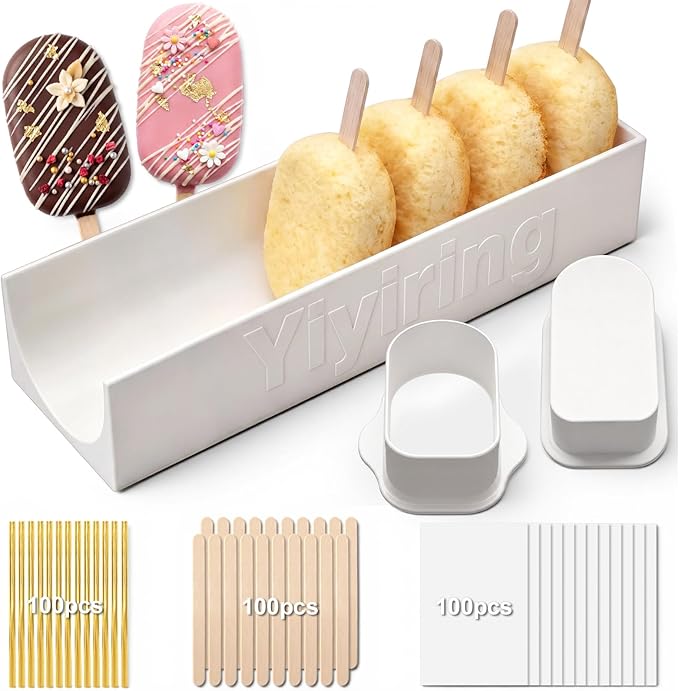 3in Cakesicle Cutter with 9in Tray, Cakesicle Mold Set with 100 Sticks, 100 Bags and 100 Ribbons, Baking Tools for Home Baking, Birthday Parties, Wedding Desserts(White,3.6in,Single Slot)