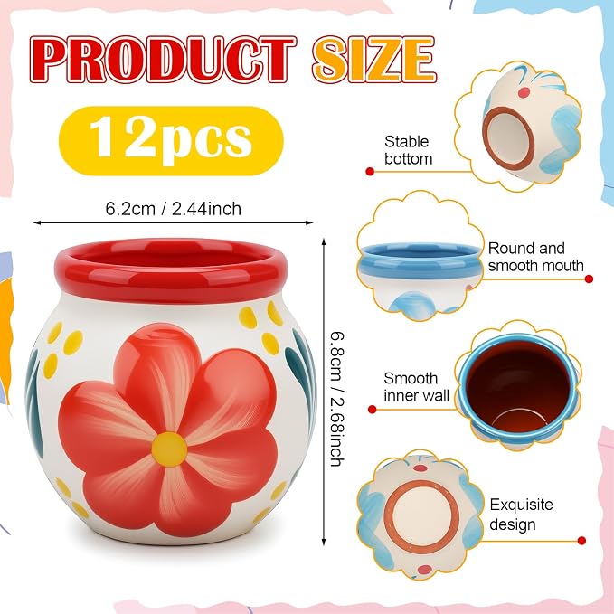 Gejoy 12 Pcs 3oz Cantaritos De Barro Shot Mini Clay Cups Jarritos De Barro Mexicanos Taco Cocktail Glasses for Tequila, Margaritas, Mojitos, Mojitos Cold Hot Drinks (Bloom)