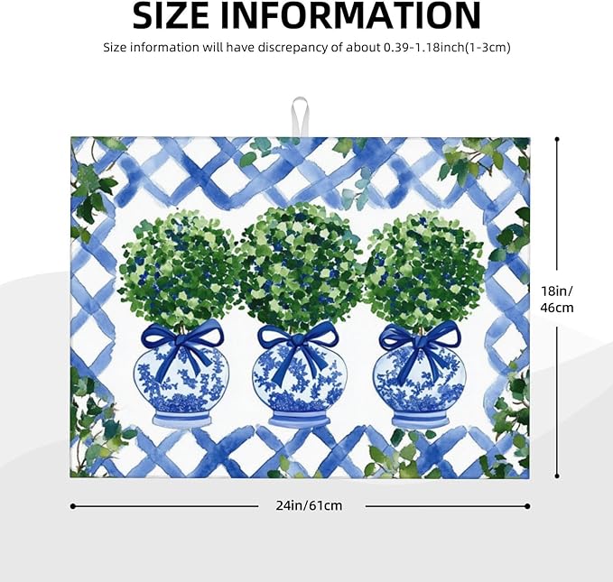 Topiary Chinoiserie Ginger Jar Dish Drying Mat For Kitchen Counter Microfiber Absorbent Dish Draining Reusable Washable Extra Large 18"X24"