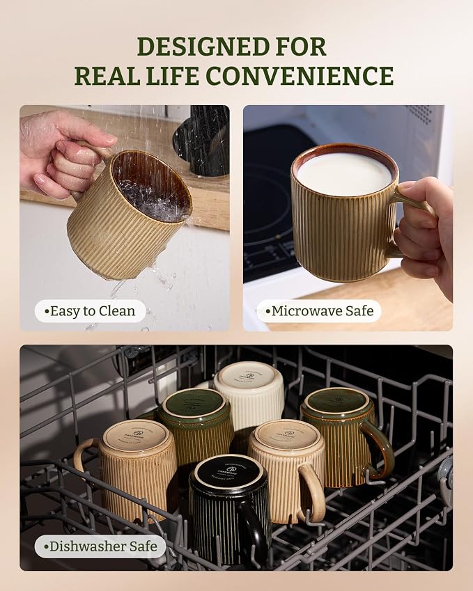 famiware Coffee Mug Set for 6, Star 12 oz Catering Mugs Cup Set with Handle for Coffee, Tea, Cocoa, Milk - Ceramic Stoneware Drinkware Set, Cream Cocoa