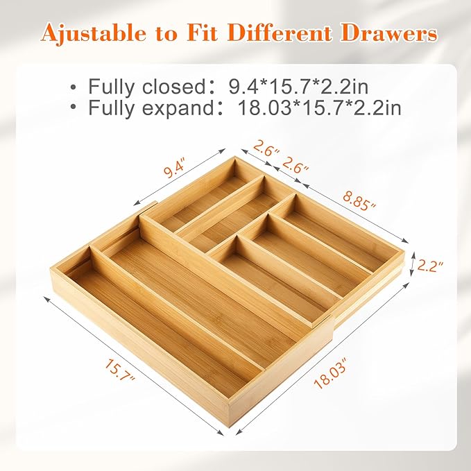Briwooody Bamboo Sliding Desk Drawer Organizer 9.4'' up to 18'' x 15'' x 2'' Expandable Office Desk Accessories Supplies Tray with 7 Compartments for Pens, Notebooks, Rulers, and Makeup Jewelry Vanity