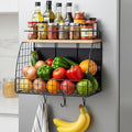 REFGY Magnetic Shelf for Fridge - 35LBS Max Load Magnetic Basket for Refrigerator Side, Large Magnetic Spice Rack with Removable Hooks & Top Natural Texture Board.
