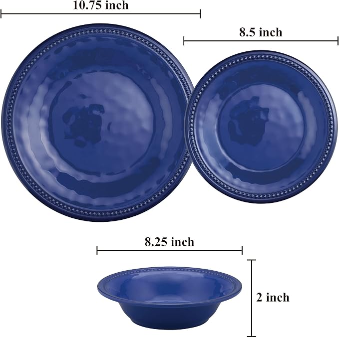 UPware 12 Piece Beaded Melamine Dinnerware Sets, Outdoor Dishes Set, Plates and Bowls Sets, Service for 4, Indigo Blue