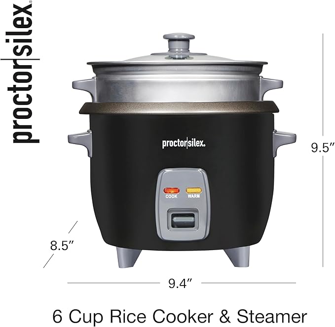 Proctor Silex Rice Cooker & Food Steamer, 6 Cups Cooked (3 Cups Uncooked), Includes Steam and Rinsing Basket, Black (37510)