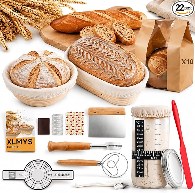Sourdough Starter Kit - Banneton Proofing Basket 9 Inch Round & 10 Oval, Complete Sourdough Bread Baking Supplies with Starter Jar, Bread Sling, Lame, Danish Dough Whisk, Bags