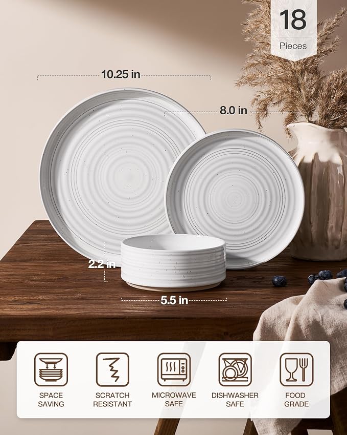 18-Piece Reactive Glaze Stoneware Dinnerware Sets for 6 - High Edge Plates and Bowls with Speckles & Spirals - Chip & Scratch Resistant, Microwave & Dishwasher Safe - Gift Box, White