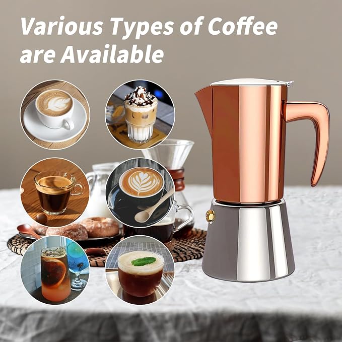 Stainless Steel Moka Pot Espresso Maker 6 Cups (10oz/300ml) - Italian Stovetop Coffee Maker for Gas & Induction Cooktops, Camping & Home Use, Durable Coffee Pot, Brown