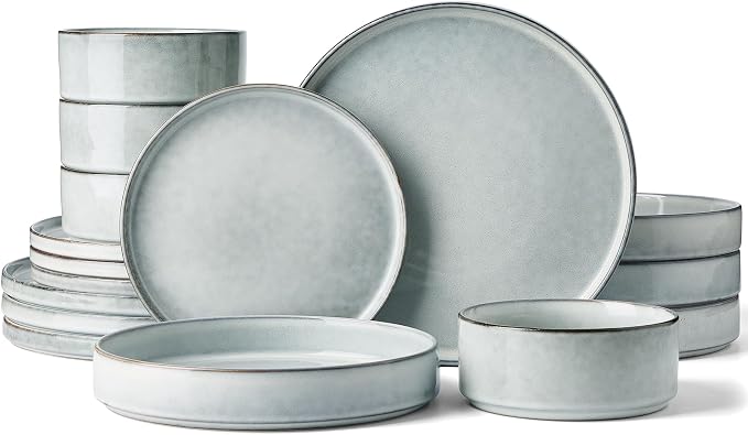 Famiware Annecy Plates and Bowls Sets, Service for 4 (16 Pieces), Dinnerware Sets with Pasta Bowls, Microwave and Dishwasher Safe Dishes Set, Chip and Scratch Resistant, Grey Blue