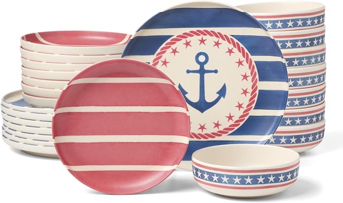 Oneida Dinnerware Sets, 24 Seven Melamine Aweigh We Go 24-Piece Dinnerware, Set for 8, Service For 8, Melamine Material, Dishwasher Safe, Plates And Bowls, Dinner Dishes, Kitchen (Assorted, 24 Piece)