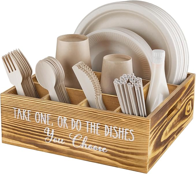 ALELION Rustic Plate and Utensil Caddy, 6-Compartment Paper Plate and Cutlery Holder with Handles, Kitchen and Party Organizer for BBQs, Picnics, and Gatherings, Brown